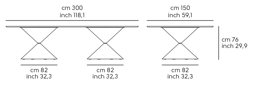 Обеденный стол Clessidra Double - 300 × 150 см, двойное основание, деревянный каркас, длина 300, ширина 150, высота 76 см