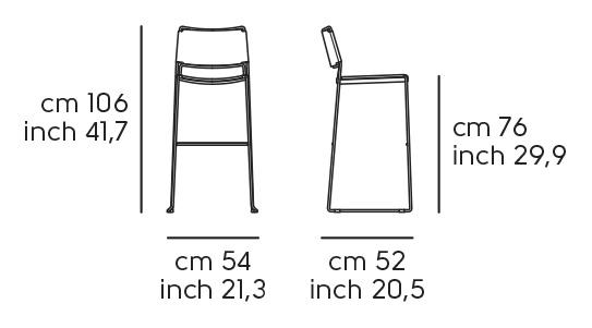 Барный стул Slim - Четыре металлические ножки, мягкое сиденье, высота сиденья 75 см, ширина 54, глубина 52, высота 106, высота сиденья 76 см
